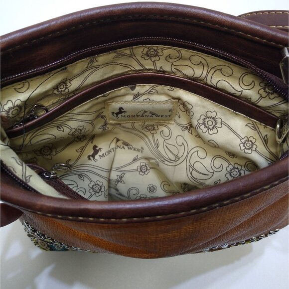 Montana West PU Leather Crossbody Bag Adjustable Stud Rhinestone Embroidered VTG - Picture 9 of 16
